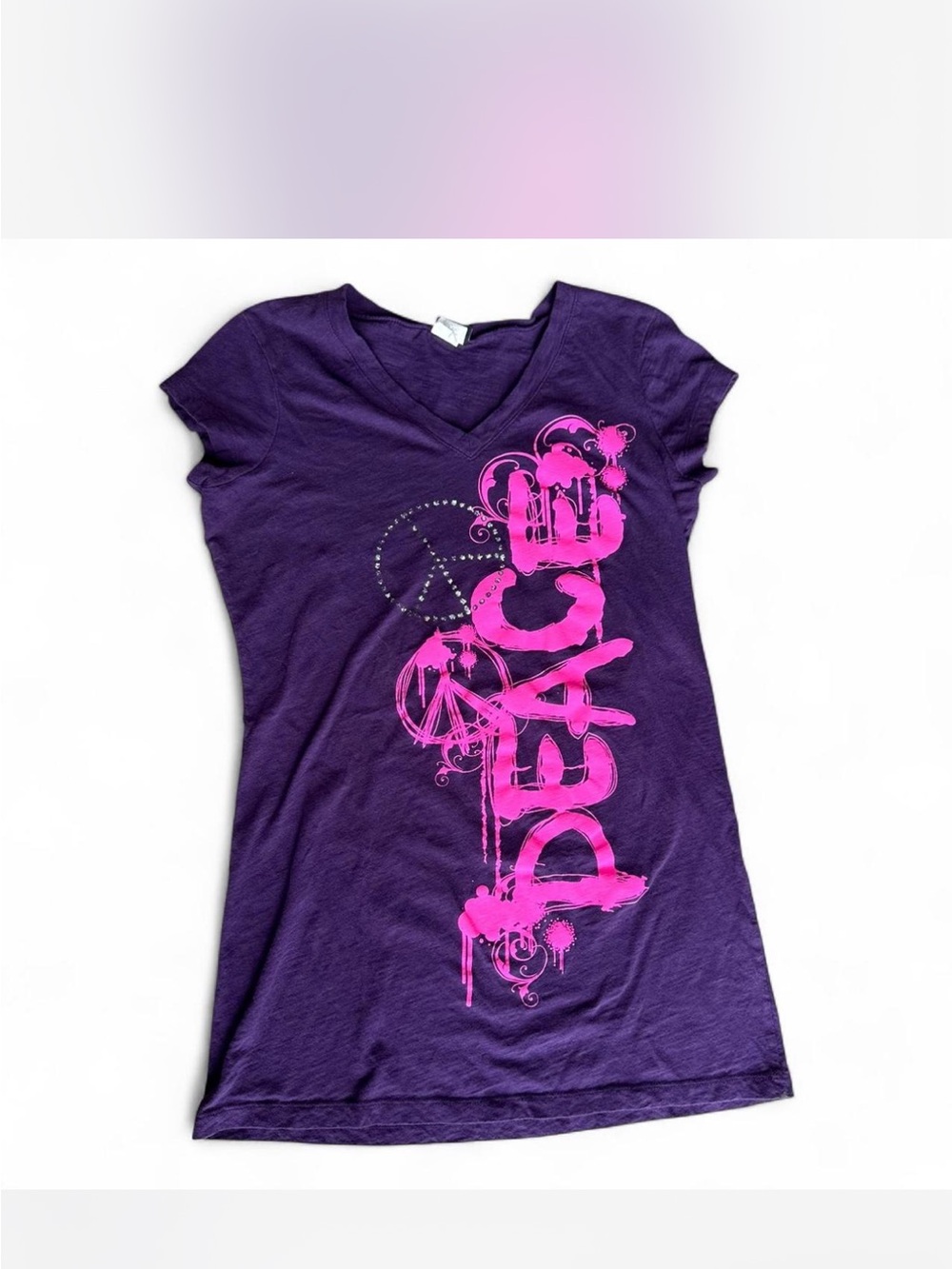 Vanity Purple Short-Sleeve V-Neck Tee with Pink Peace Graphic